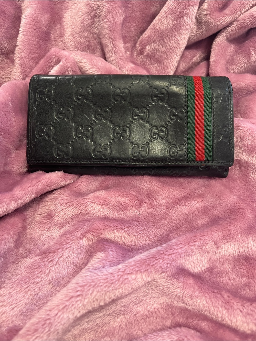 Gucci Black Embossed Leather Continental Wallet with Red and Green Web Stripe